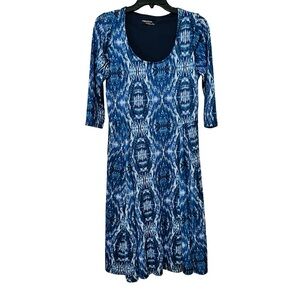 Signature by Robbie Bee Blue Ikat Print 3/4 Sleeve Scoop Neck Dress
